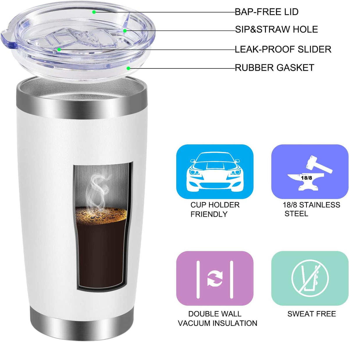 VEGOND 20oz Tumbler with Lid and Straw Stainless Steel Tumbler Cup Bulk Vacuum Insulated Double Wall Travel Coffee Mug Powder Coated Coffee Cup(White 12 Pack