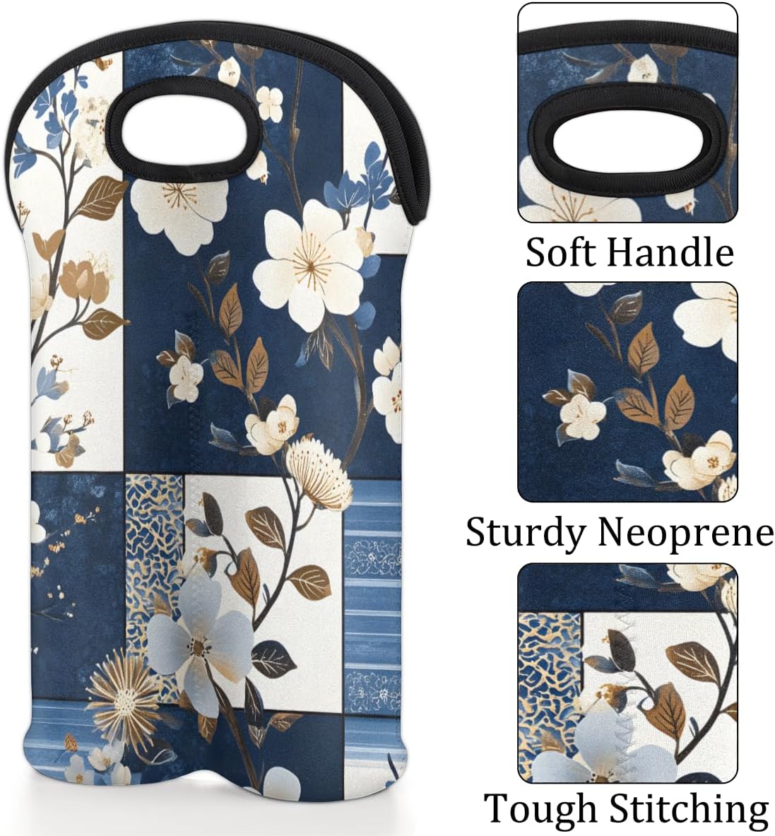 Neoprene Wine Tote, Bottle Carrier Gag Insulating Neoprene Thicker, Insulated Wine Bag for Travel Holds Two Bottles, Bottle Carrier Bags Protect the Bottles, Blue Flowers
