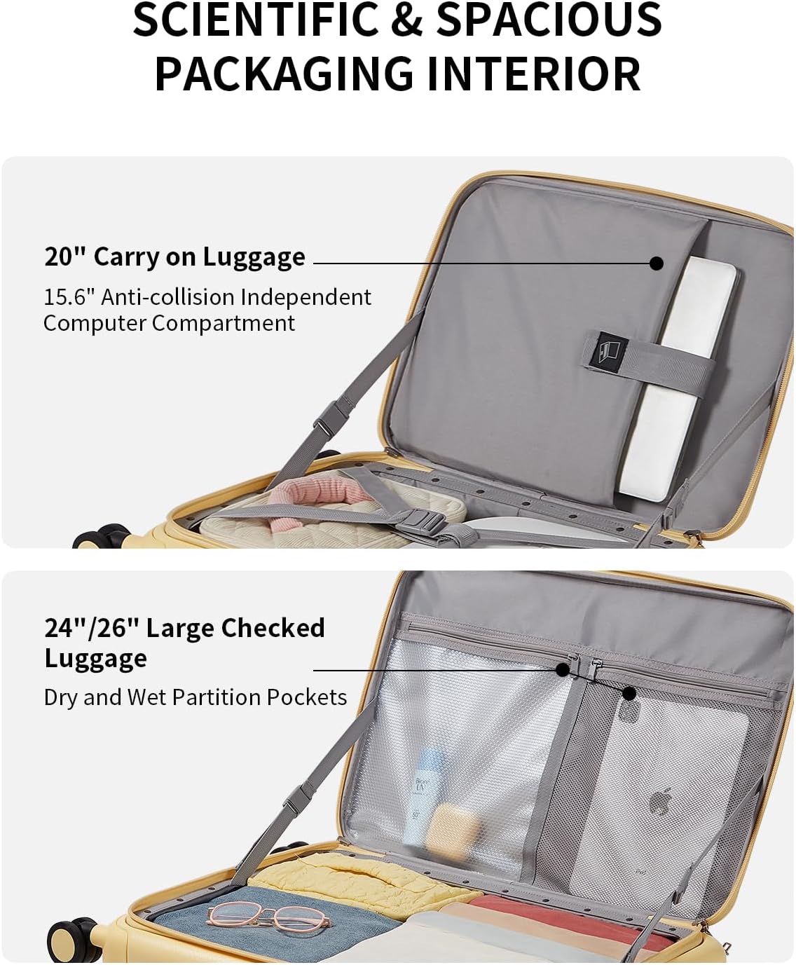 aji Expandable Top Opening 24 Inch Checked Luggage with Spinner Wheels, Large Suitcase with TSA Lock, Hard Shell Travel luggage Suitcases for Men Women, for 12+Days Travel, Cheese Yellow