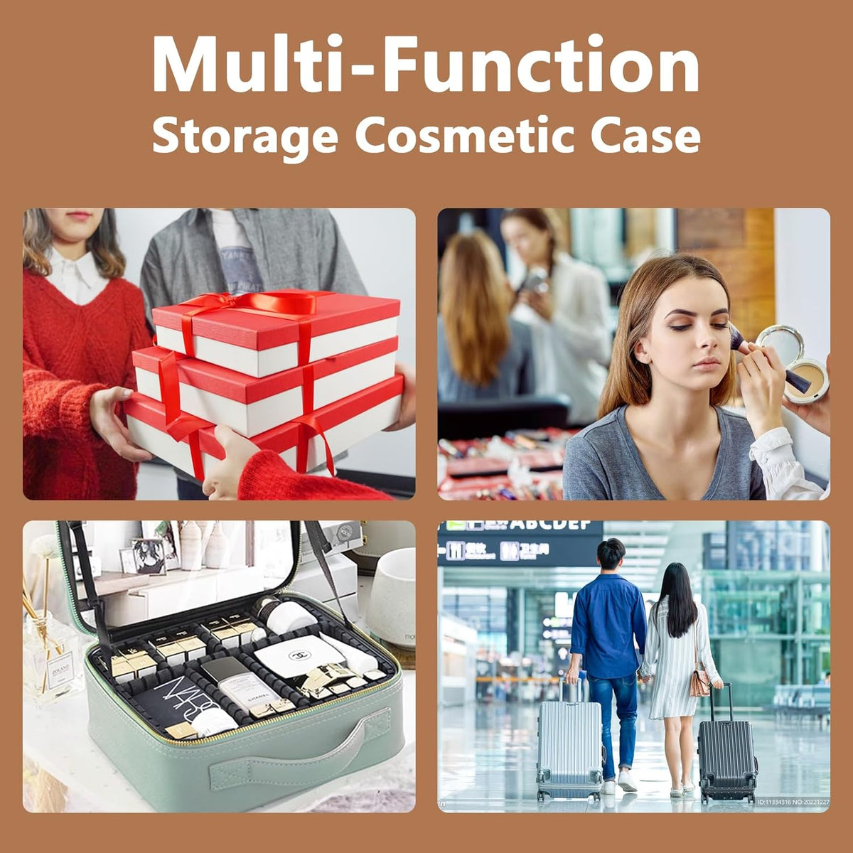 Travel Makeup Bag for Women and Makeup Artists Cosmetic Organizer Large Makeup Case,Travel Makeup Bag with Mirror 3 Color Setting,Portable Storage and Adjustable Dividers(CARAMEL COLOR)