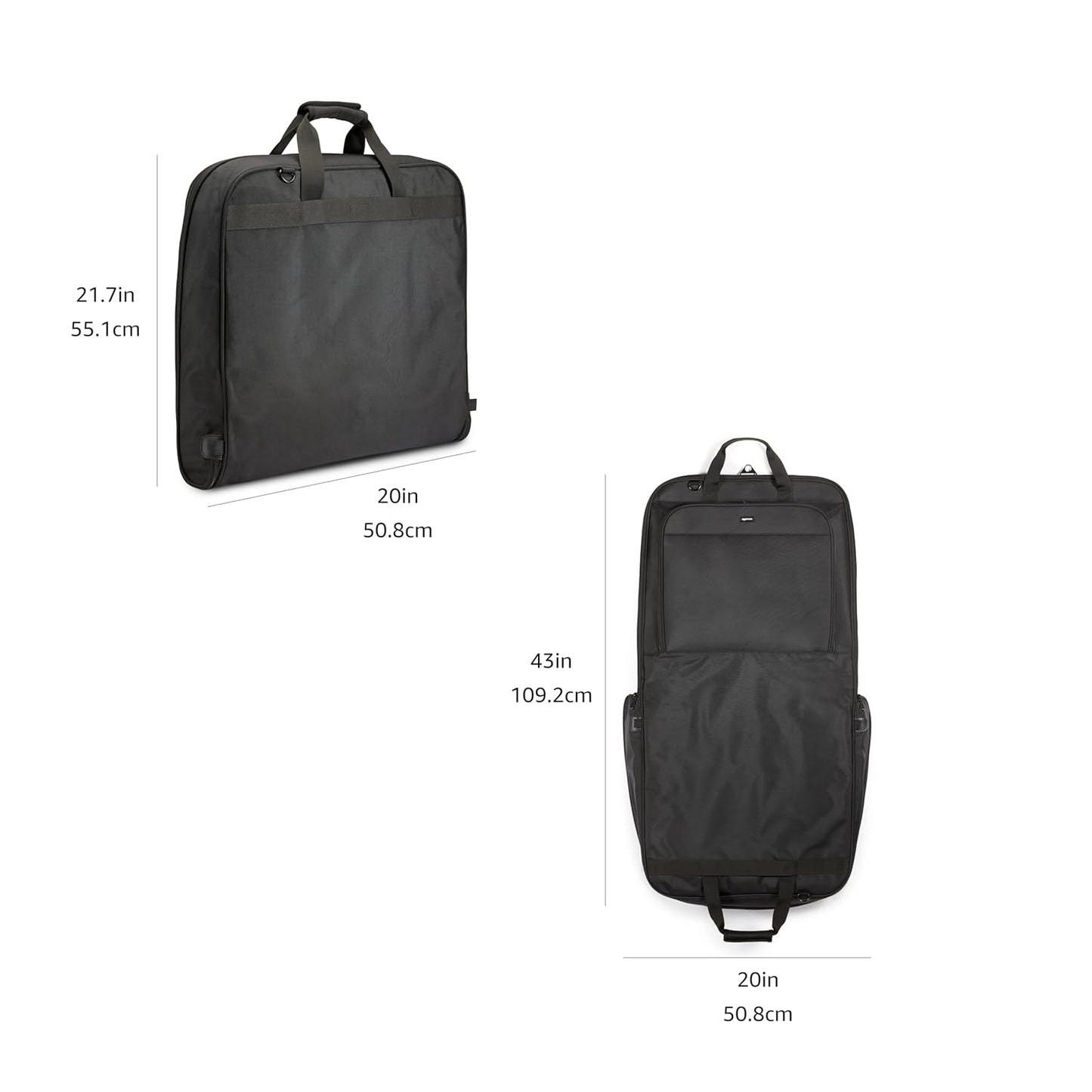Amazon Basics 43" Premium Garment Bag for Travel, Suit Bag with Shoulder Strap for Suits and Dresses, 1680D Polyester Fabric, Exterior/Interior Pockets, Leather-reinforced Corners, Trifold, Black