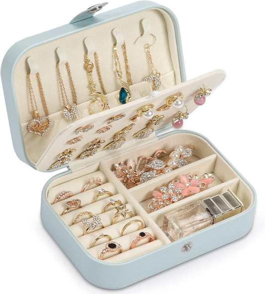 Travel Jewelry Box, PU leather Small Jewelry Organizer For Female Girls, double layer portable mini travel case for storing earrings, rings, necklaces.(Blue)