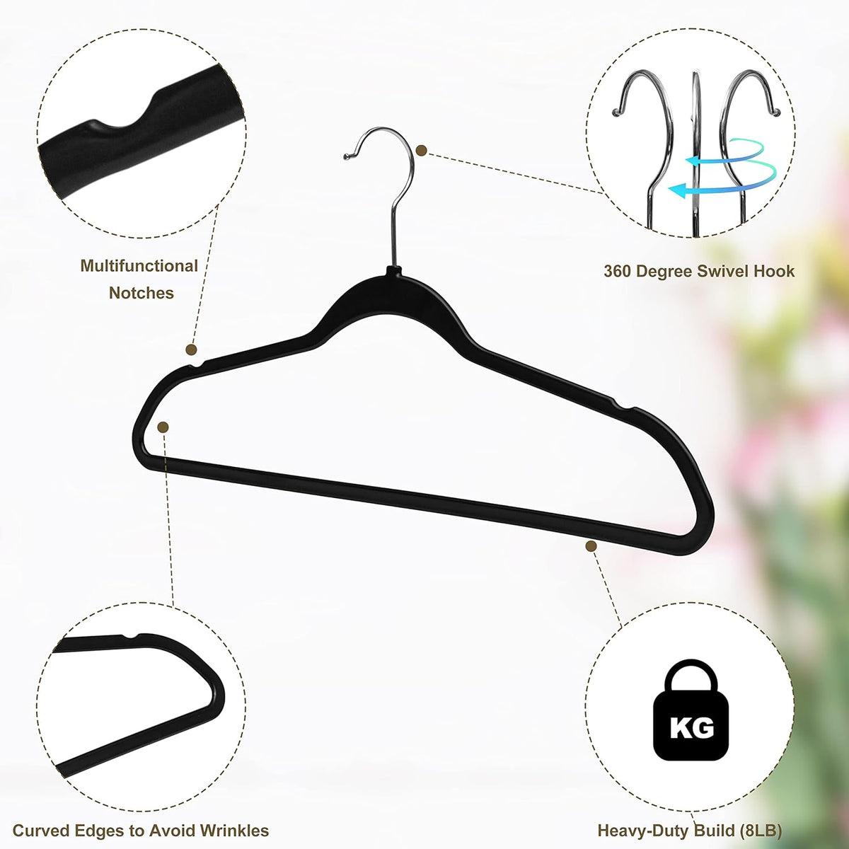 Quality Hangers 160 Pack Slim Plastic Hangers for Clothes - Heavy Duty Non-Velvet Hangers with 360° Swivel Chrome Hook & Non Slip Notches - Ideal for Dresses Coats Shirts Jackets & More - Black
