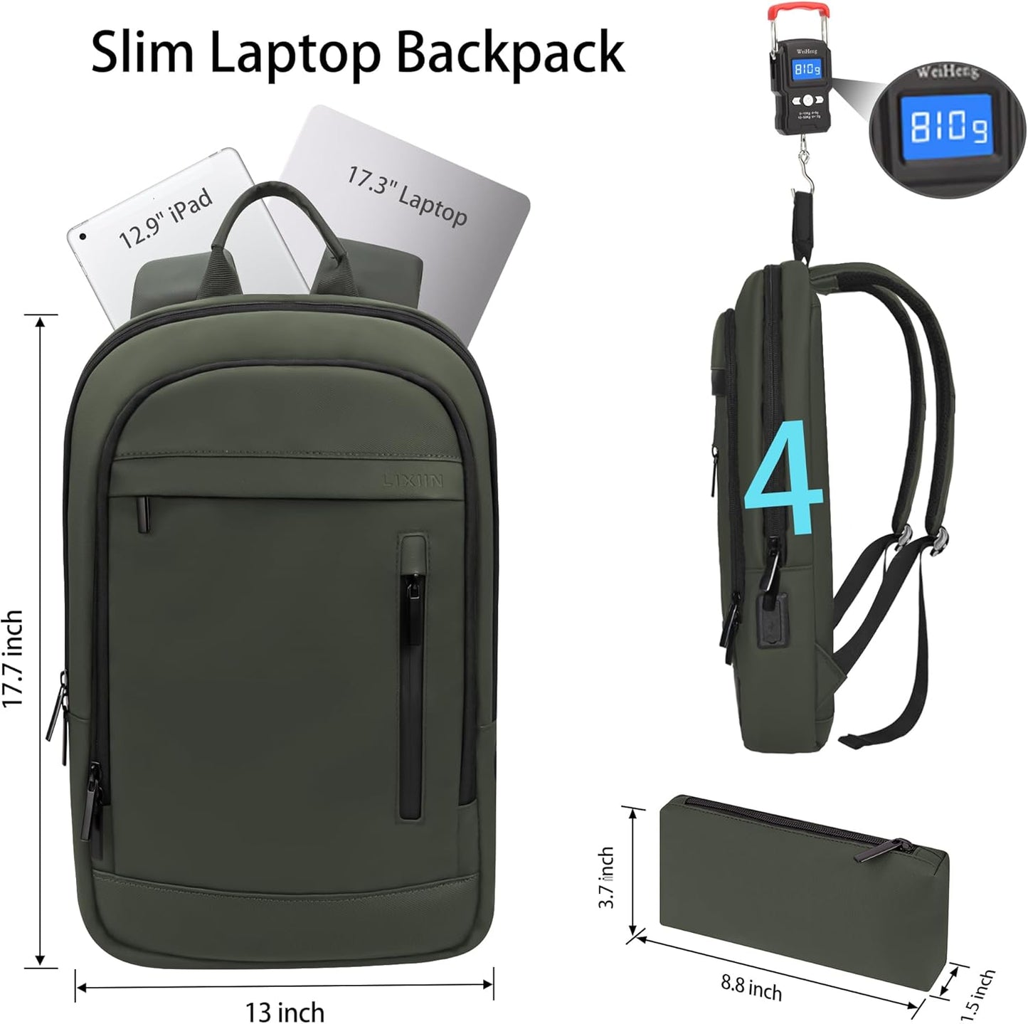 Business Backpack for Men Lightweight Commute Laptop Backpack Anti-Theft Water Resistant Backpack for 17.3 Inch Computer for Daily Office Work with Small Bag (Green)