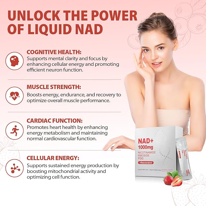 1000mg High-Potency NAD+ Liquid Supplement, Nicotinamide Riboside & Resveratrol with PQQ, Boosts Cellular Energy, Focus & Healthy Aging - 2 Pc