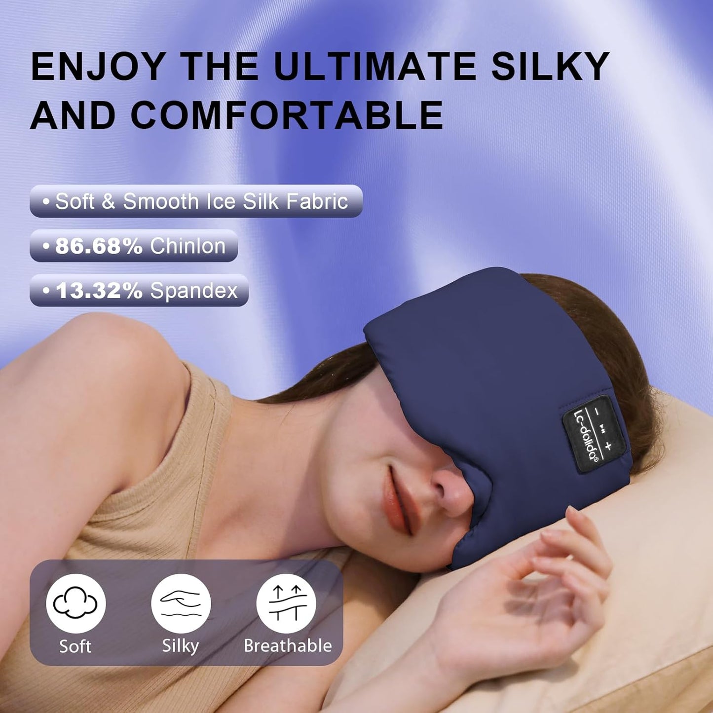 LC-dolida Sleep Mask with Bluetooth Headphones, Ice Silk Sleep Headphones with Bluetooth 5.4, Total Blackout Eye Mask for Sleeping, Soft Sleep Mask for Women Men, All Night Sleep, Travel(Navy)