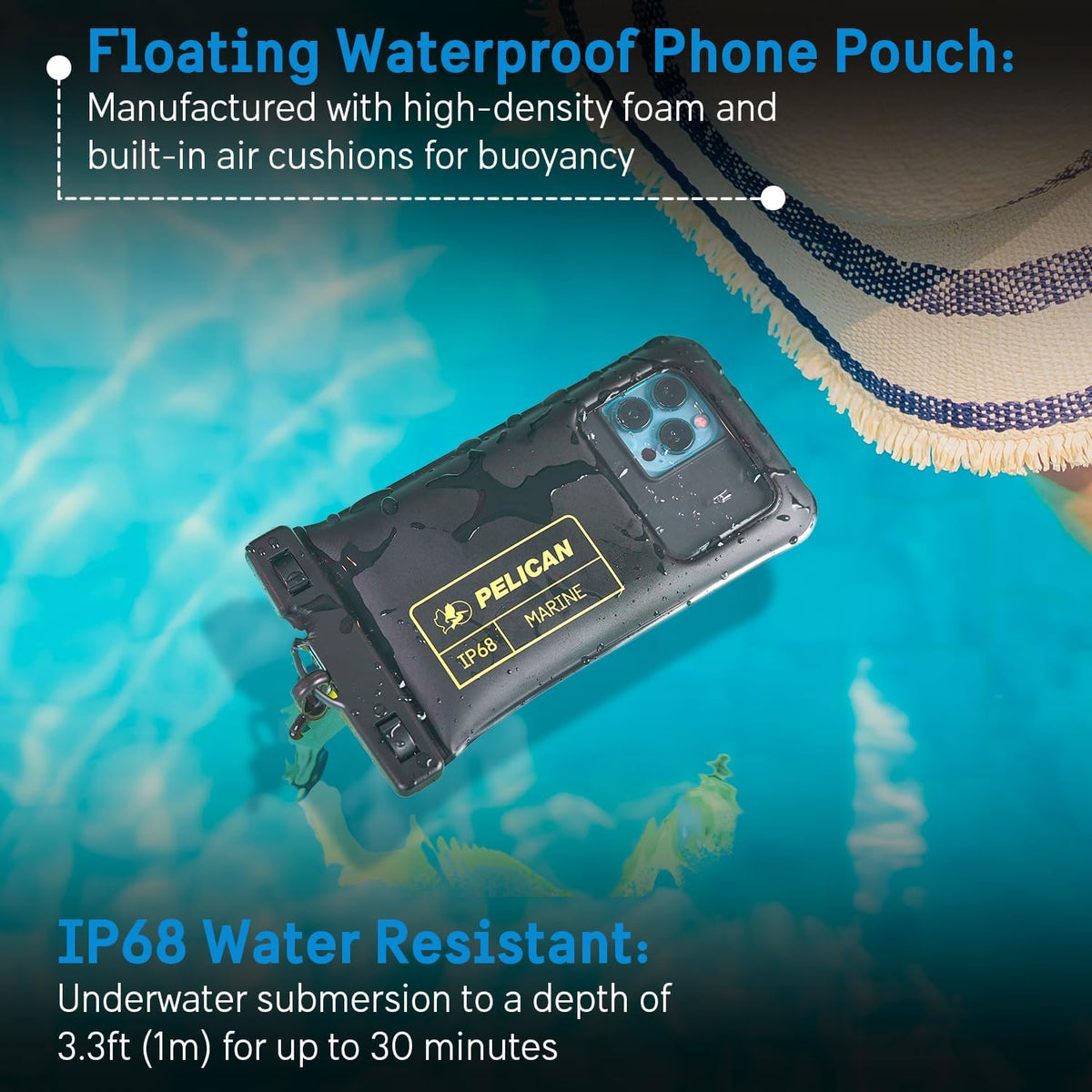 Pelican Marine - IP68 Waterproof Phone Pouch (Regular Size) Floating Waterproof Phone Case - Beach Cruise Ship Travel Essentials - Works with All Phones - Detachable Lanyard - Black/Hi-Vis Yellow