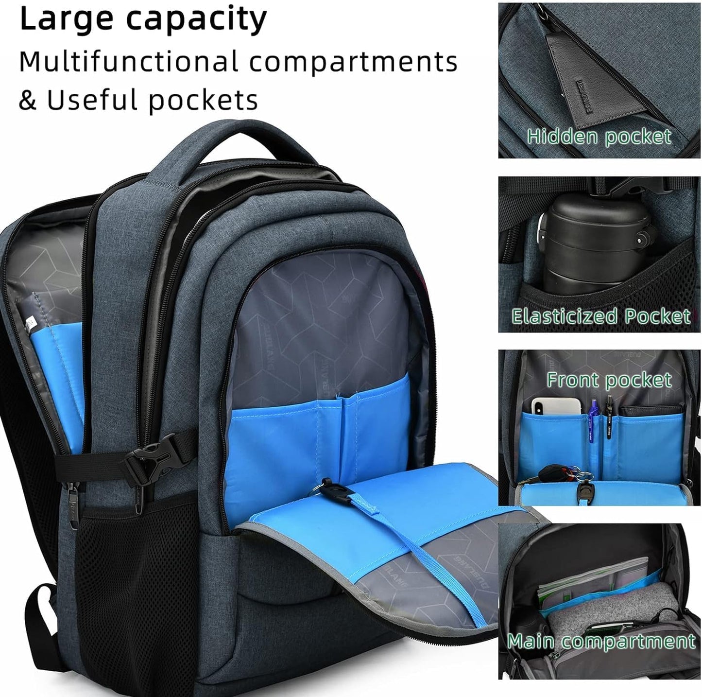 DUSLANG 17 Inch Laptop Backpack for Travel with Backpack Rain Cover College Backpack for Men Laptop Bag with USB Charging Port,Dark grey