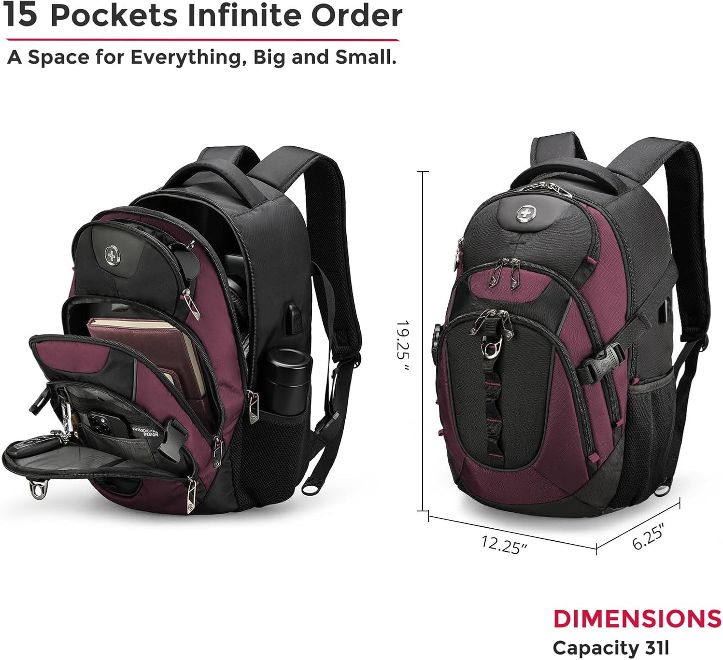 Swissdigital Design Laptop Backpack with USB Charging Port, TSA Travel Backpack Fits 15.6 inches Computer, 31L College School Backpack for Women, Burgundy/Black | SD803