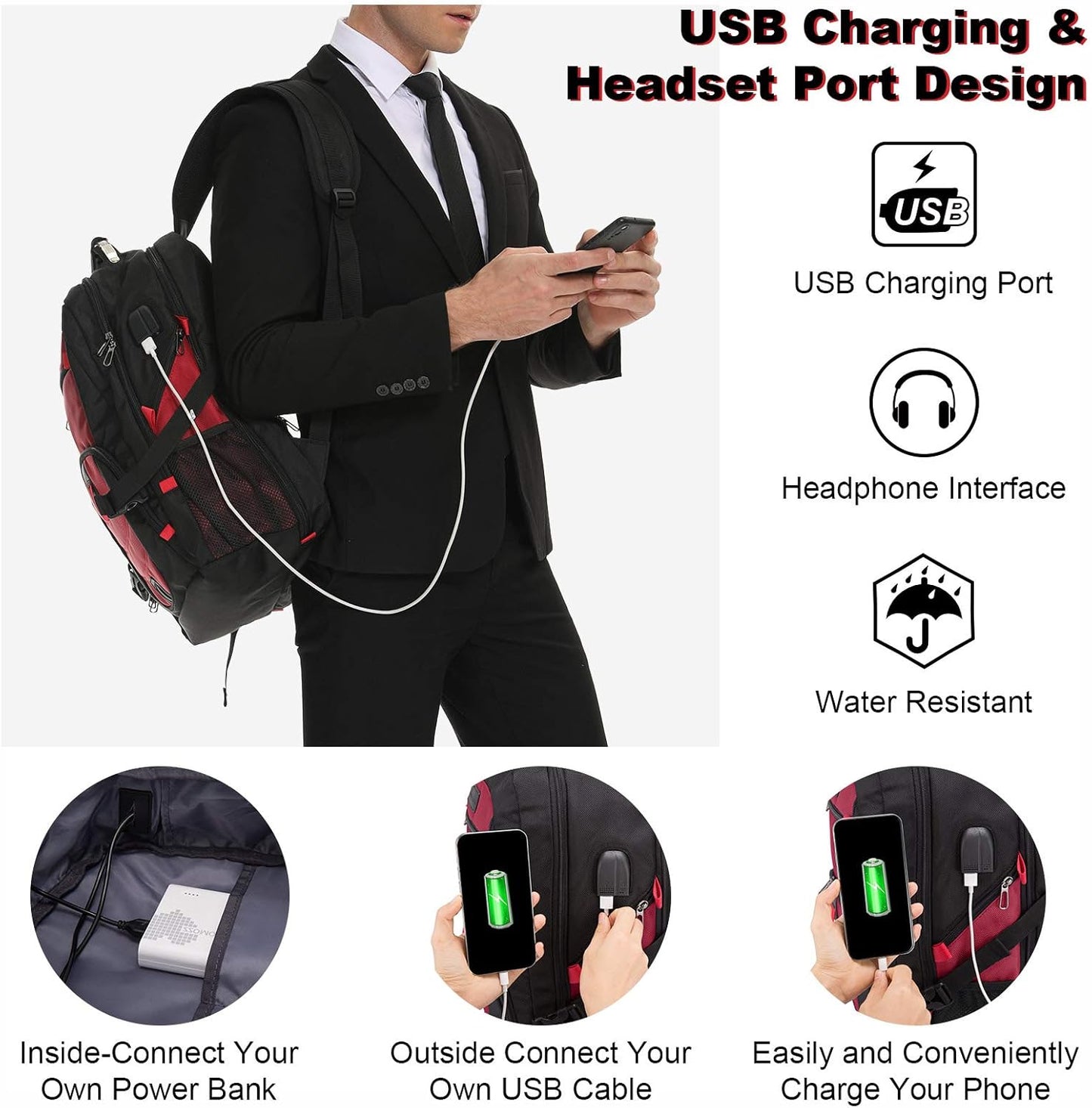 LOVEVOOK Travel Laptop Backpack Waterproof Anti Theft with Lock and USB Charging Port Large Computer Business Backpack for Men Women College (15.6 inch,Red)