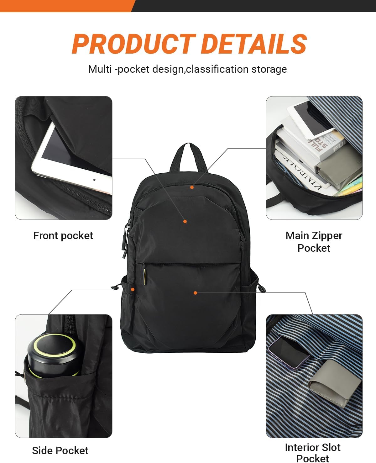 Multi-Pocket Laptop Backpack, 24L Capacity, Fits 14-inch Laptop, 16.9x12.6x5.5 inches, 1.1 lbs, Black/Navy/Gray (GREY)