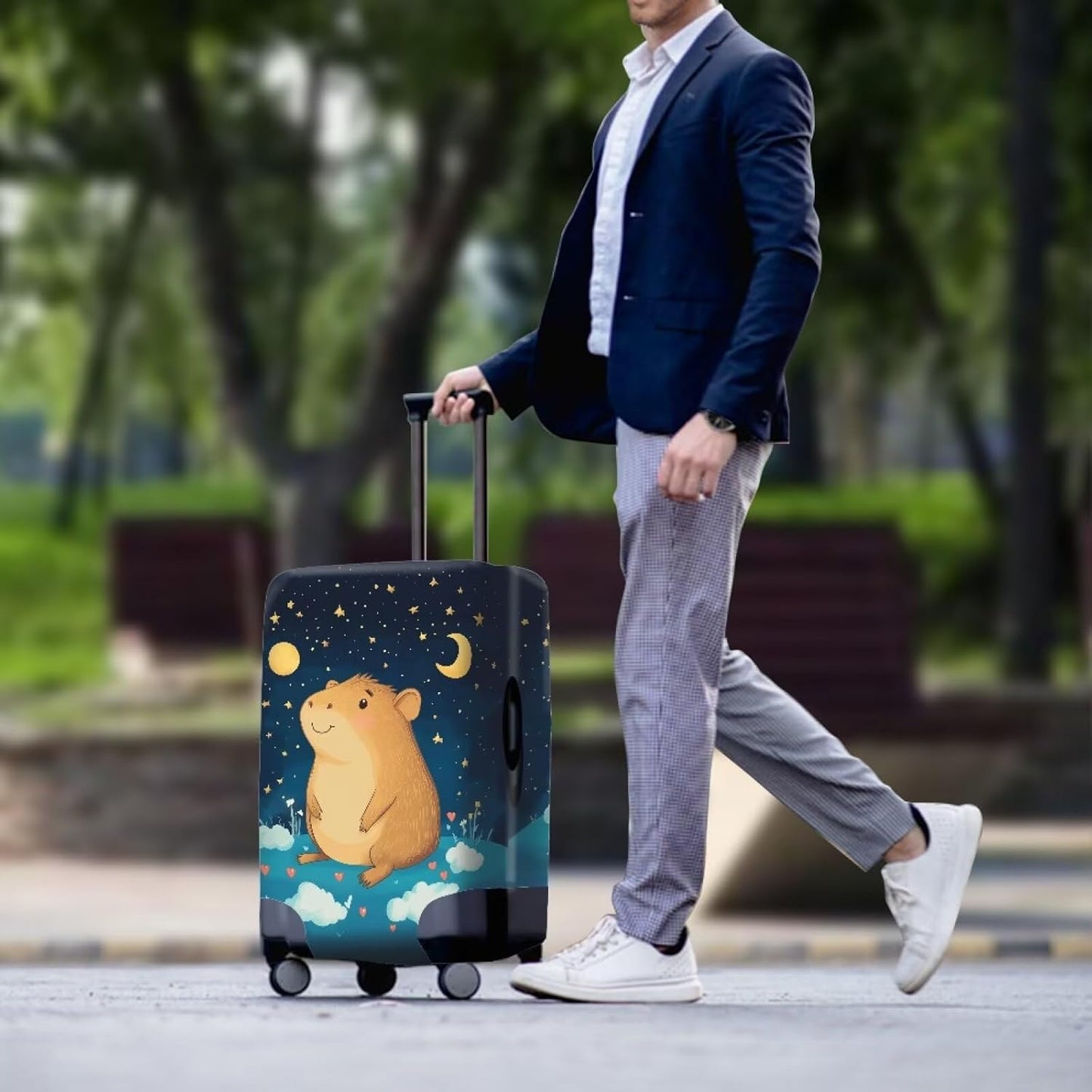 Capybara Suitcase Cover Cute Luggage Cover Protector Invisible Zipper Closure Travel Luggage Protector Fit 22-25 Inch Anti-Scratch Stretchable Suitcase Protector, Moon and Star