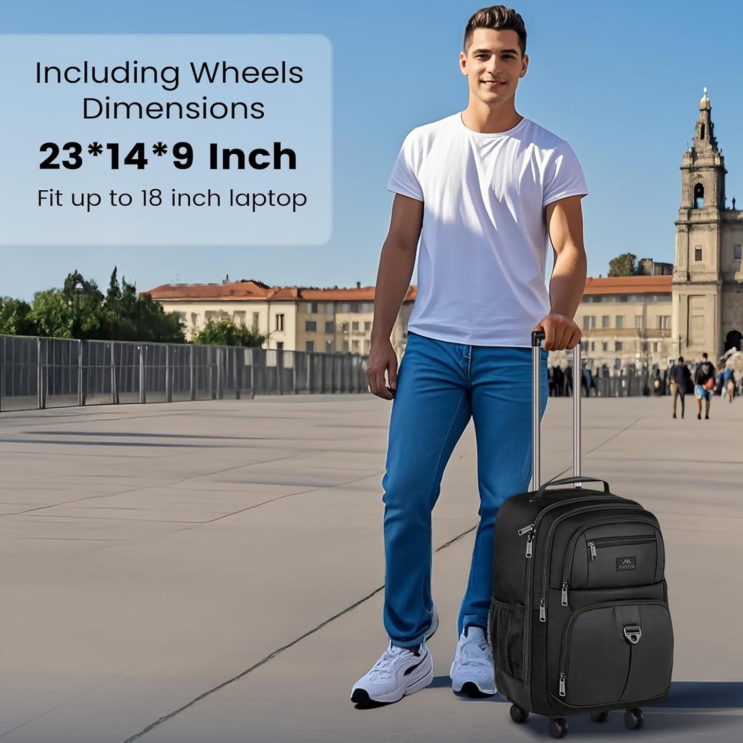 MATEIN Roller Backpack, 18 inch Large Travel Laptop Bag with 4 Wheels for Adults, Heavy Duty Wheeled Suitcase Luggage Pack for Work Business, Rolling Spinner Computer Rucksack for Men Women, Black