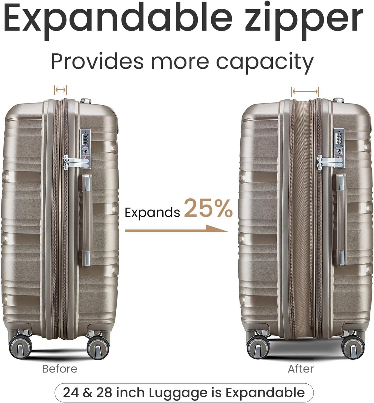 Campfun Luggage 4 Piece Sets, Expandable Carry On Luggage Set Hardshell PP, Suitcase Set with Double Spinner Wheels, Checked Durable Lightweight with TSA Lock, 14in 20in 24in 28in-Champagne(C)