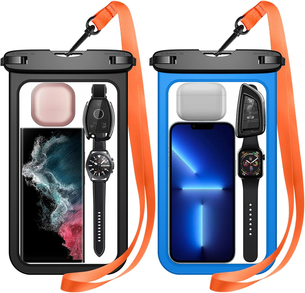 Temdan 2 Pcs Waterproof Phone Pouch, [Up to 10" Large] Universal IPX8 Waterproof Cell Phone Case Dry Bag with Lanyard for iPhone 16 Pro Max/16E/15/14/13,Galaxy S25 Ultra/S24/S23 for Vacation -Blue