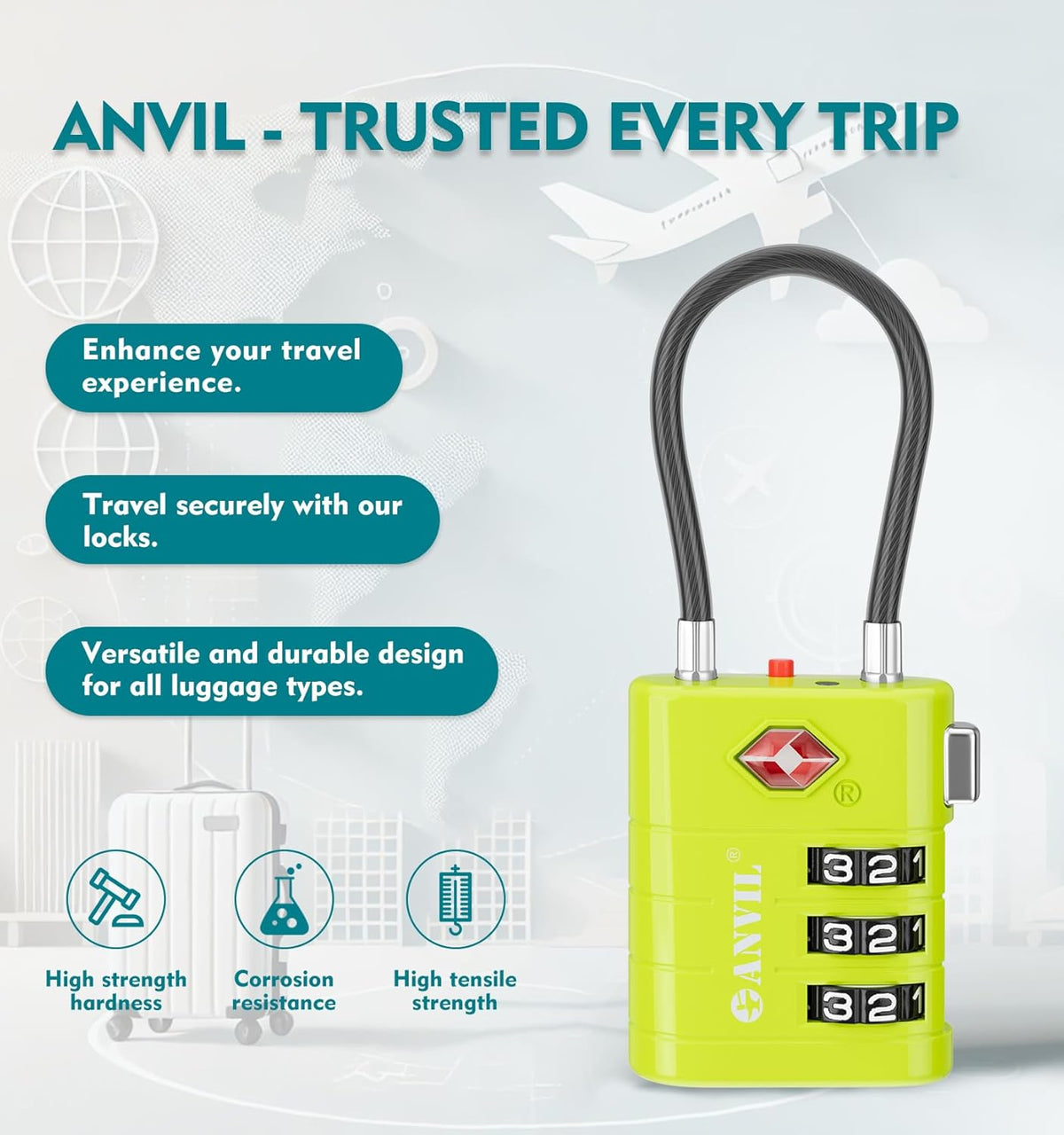 ANVIL TSA Approved Luggage Locks – High Security TSA008 Combination Travel Locks with Inspection Indicator for Suitcases and Backpacks. (2, Grass Green)
