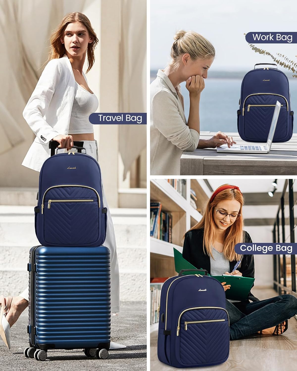 LOVEVOOK Laptop Backpack Purse for Women, Work Business Travel Computer Bags, College Nurse Backpack for Womens, Quilted Casual Daypack with USB Port, Fit 15.6 Inch Laptop, Navy