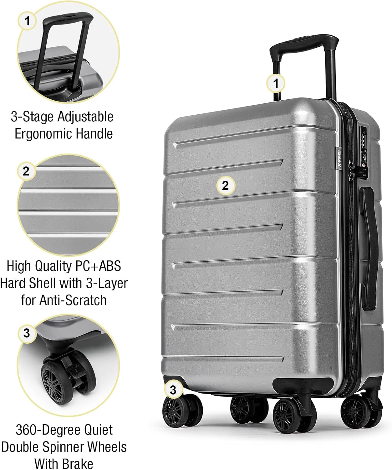 KYME Suitcases with Wheels Hardshell 26 Inch Luggage with TSA Lock Durable Medium Checked Travel Rolling Luggage with Cup Holder for Women Men Silver Grey