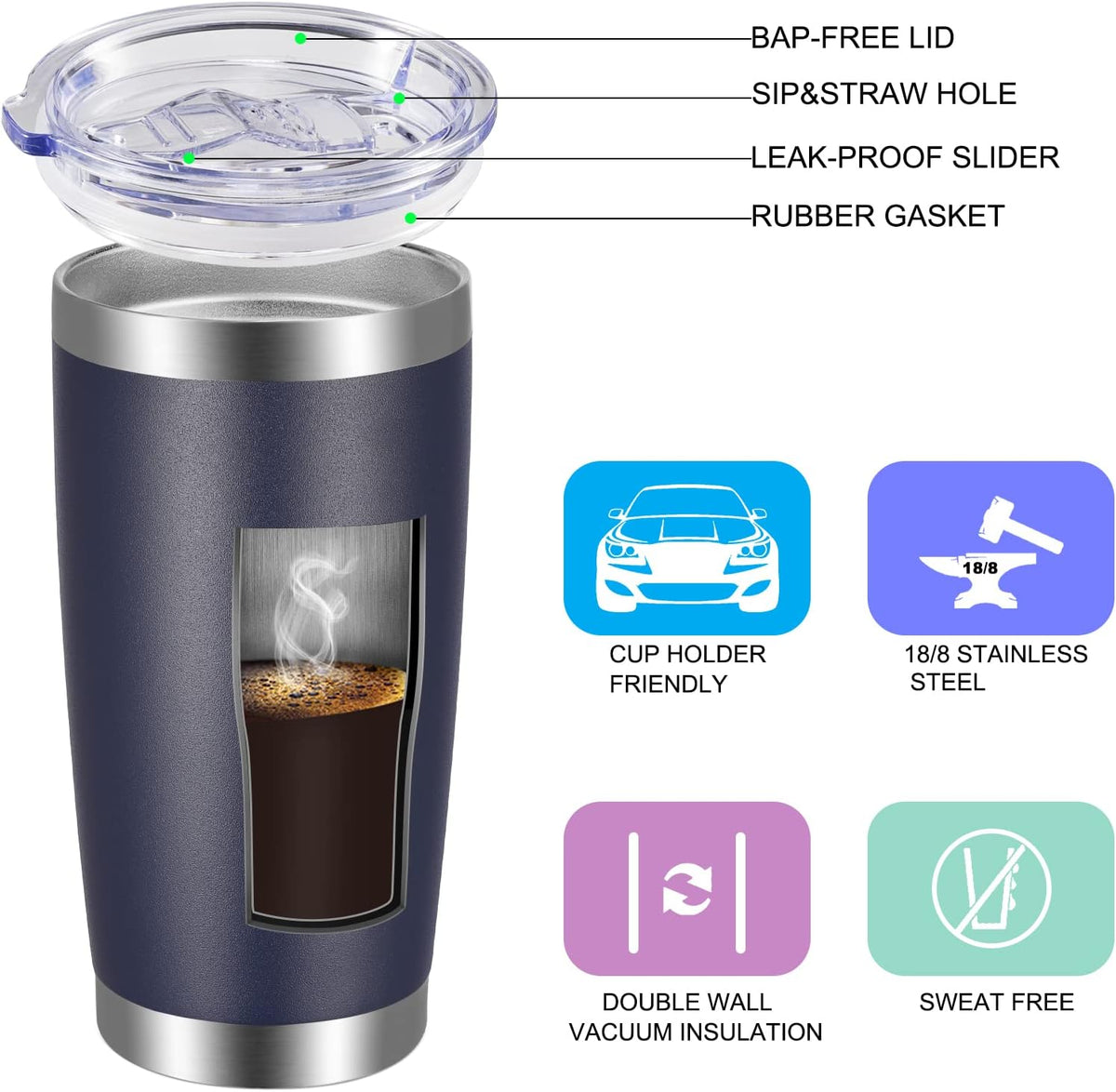 VEGOND 20oz Tumbler with Lid and Straw Stainless Steel Tumbler Cup Bulk Vacuum Insulated Double Wall Travel Coffee Mug Powder Coated Coffee Cup(Navy Blue 12 Pack