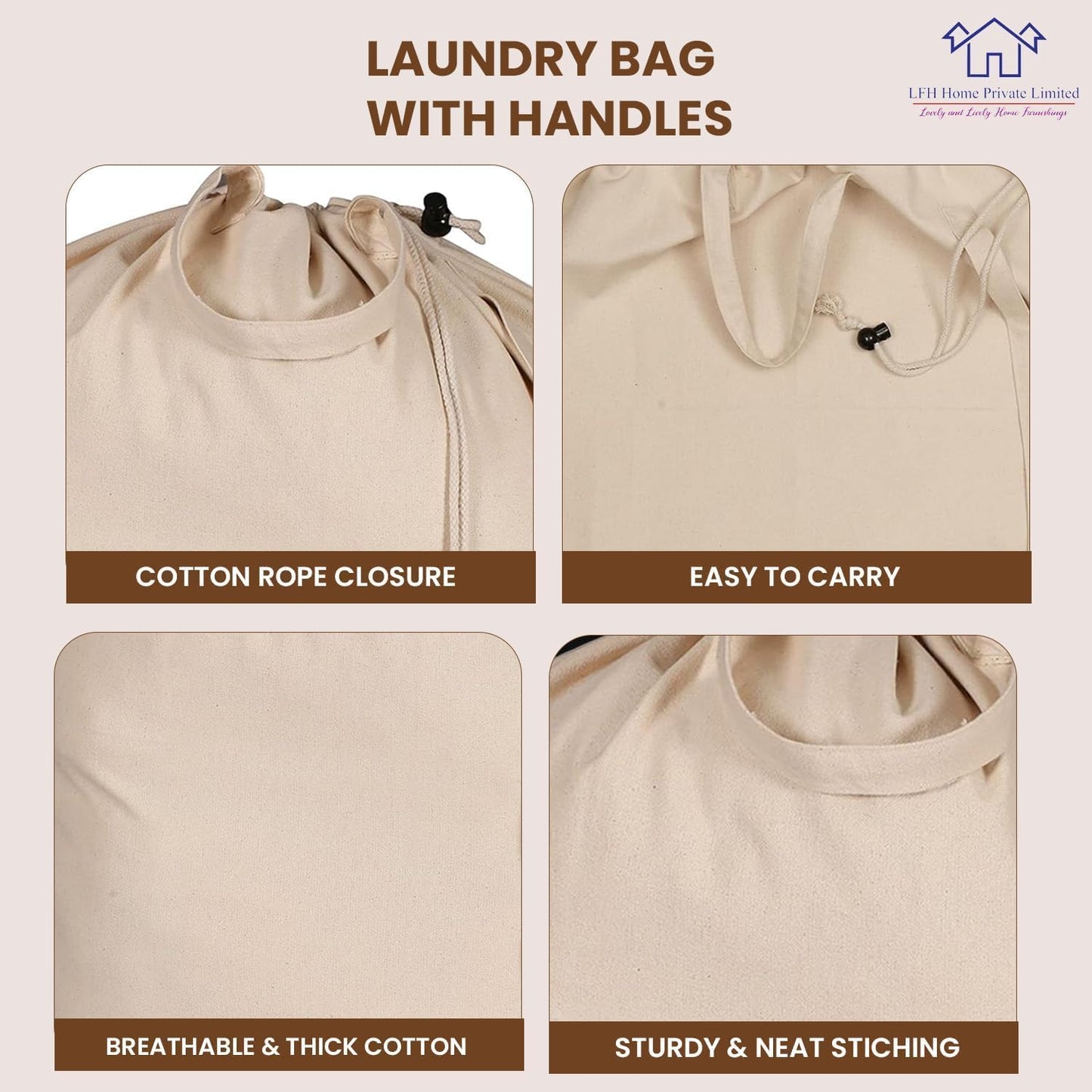 LFH Home Large Premium 100% Cotton Canvas Laundry Bag with Drawstring and Handles Heavy Duty, Multi-Use, and Washable for Home, Travel, College or Storage 24x36 (Pack of 2)-Natural