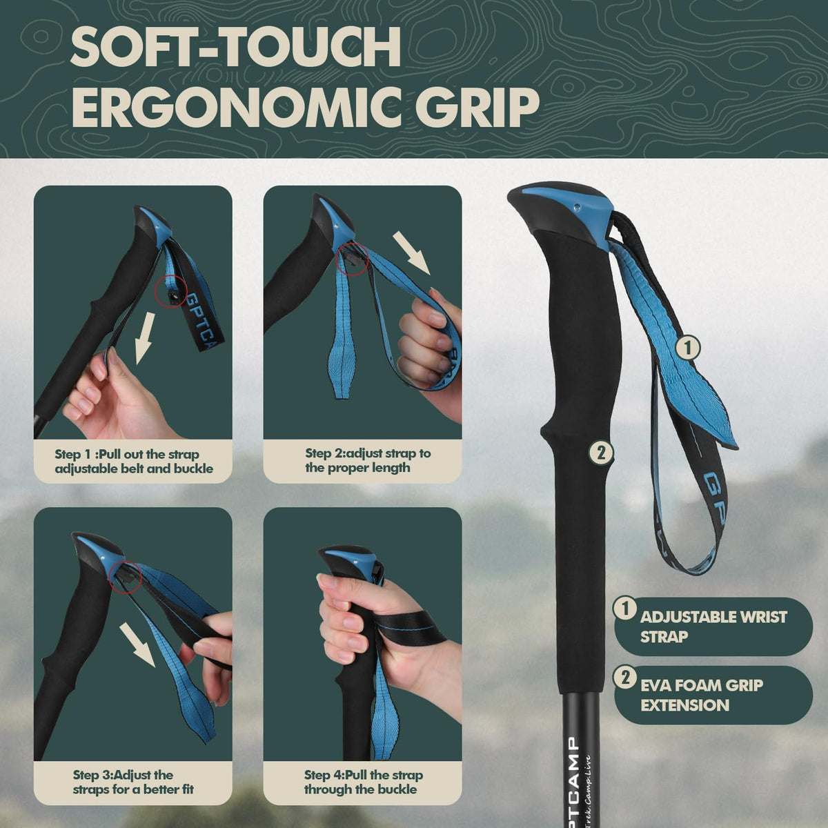 GPTCAMP Hiking Stick,1pc Trekking Pole Collapsible Hiking Pole,Lightweight Folding Adjustable Travel Walking Stick with EVA Foam Grip for Men Women,Blue