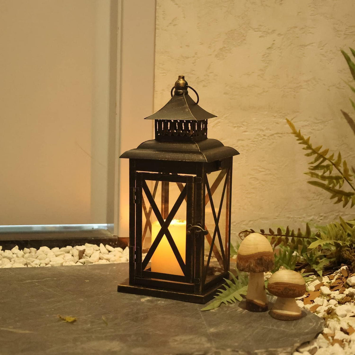 DECORKEY Lantern Decorative Indoor & Outdoor, Large Hanging Candle Lanterns Home Decor, Vintage Metal Candle Holders for Front Porch Patio Wedding Party, Halloween Christmas Decorations (Black)
