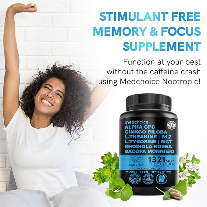 12-in-1 Nootropic Ginkgo Biloba for Brain Support, Memory and Focus - B12, Alpha GPC, L Theanine and Choline Supplements with Bioperine Non Caffeinated 1321mg (60ct)