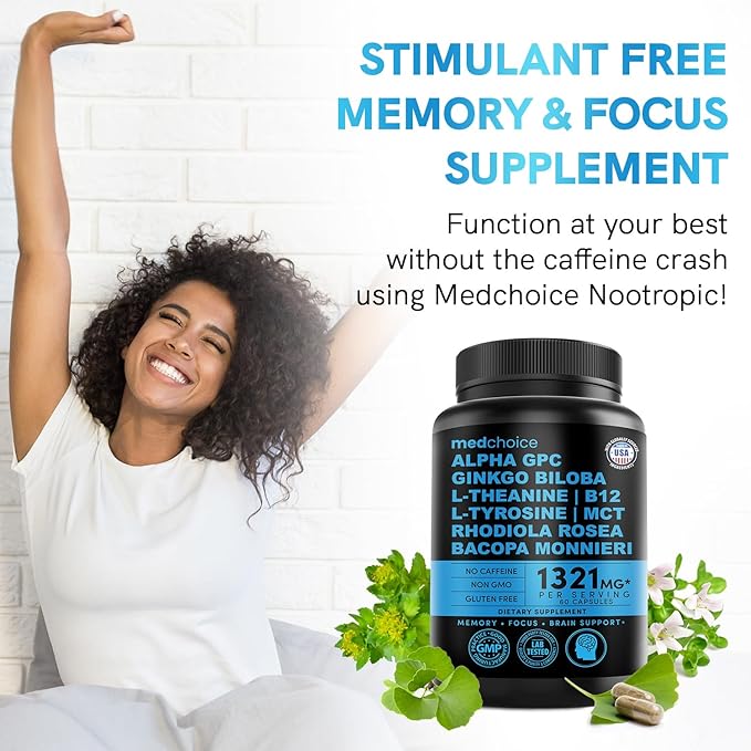 12-in-1 Nootropic Brain Supplement Anhydrous: Ginkgo Biloba for Brain Support, Memory and Focus - B12, Alpha GPC, L Theanine and Choline Supplements with Bioperine non Caffeinated 1321mg (120ct)