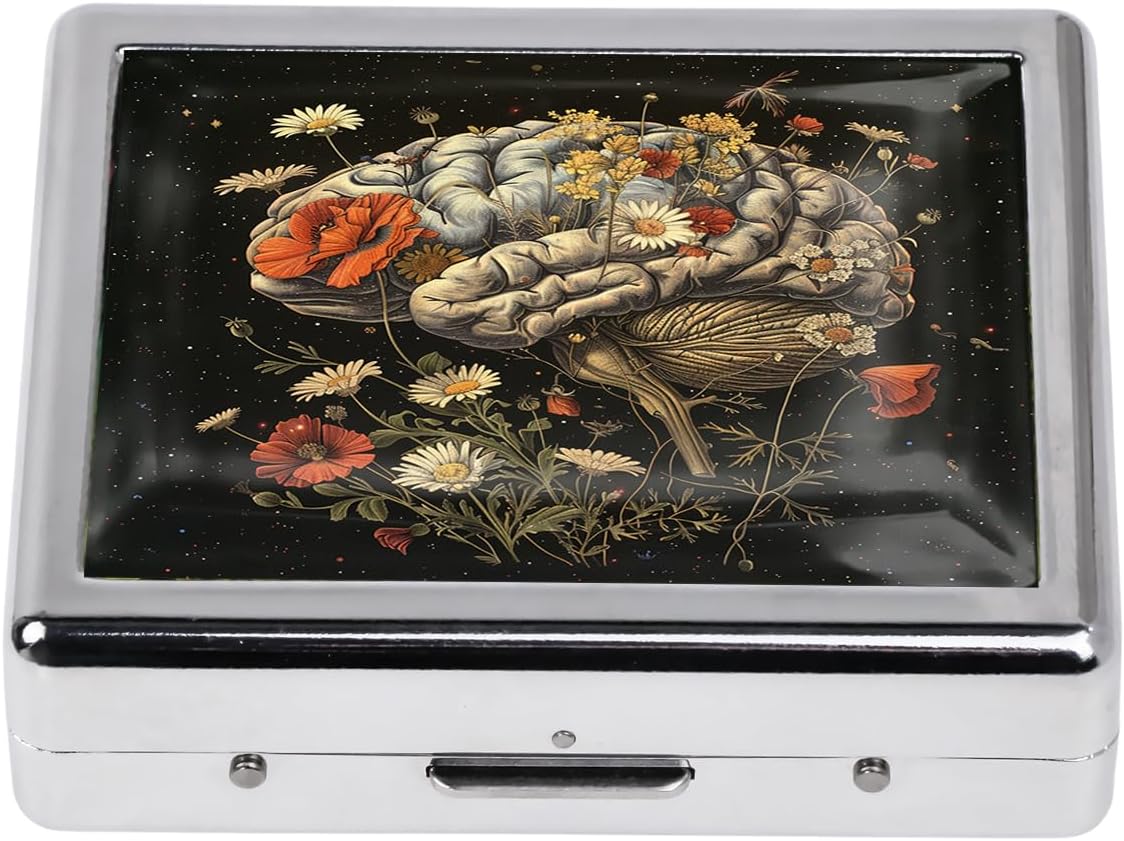 Cute and Stylish Metal Pill Box - Compact Portable Pill Organizer with 8 Compartments, Food-Grade Divider, Ideal for Travel, Vitamins, Jewelry, Cosmetics (Floral Cerebrum)