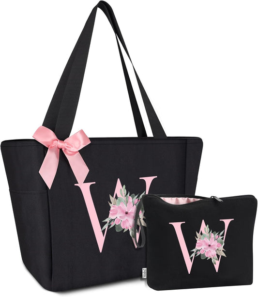 Vavabox Tote Bag, A-Z Initial Monogrammed Waterproof Tote Bag, Bridesmaid Gifts for Women, Black and Pink