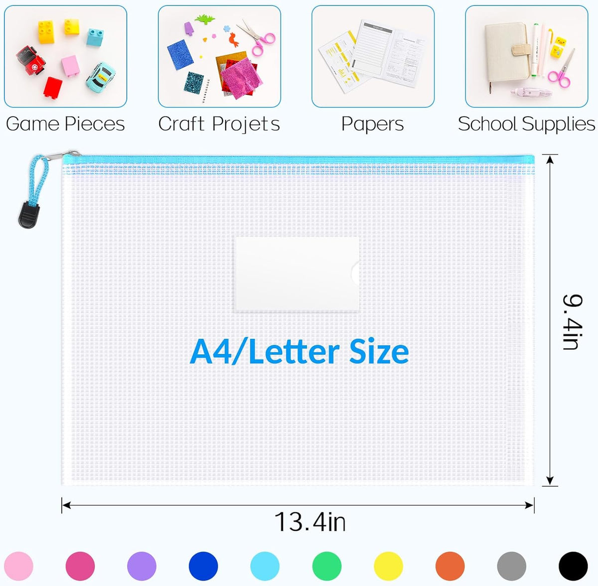 Sooez 32 Pack Mesh Zipper Pouch Bags, A4 Letter Size, Zipper Bags with Label Pocket, Waterproof Pouches for Classroom Organization, Board Game Storage, Document Bag for Teacher School Office Supplies