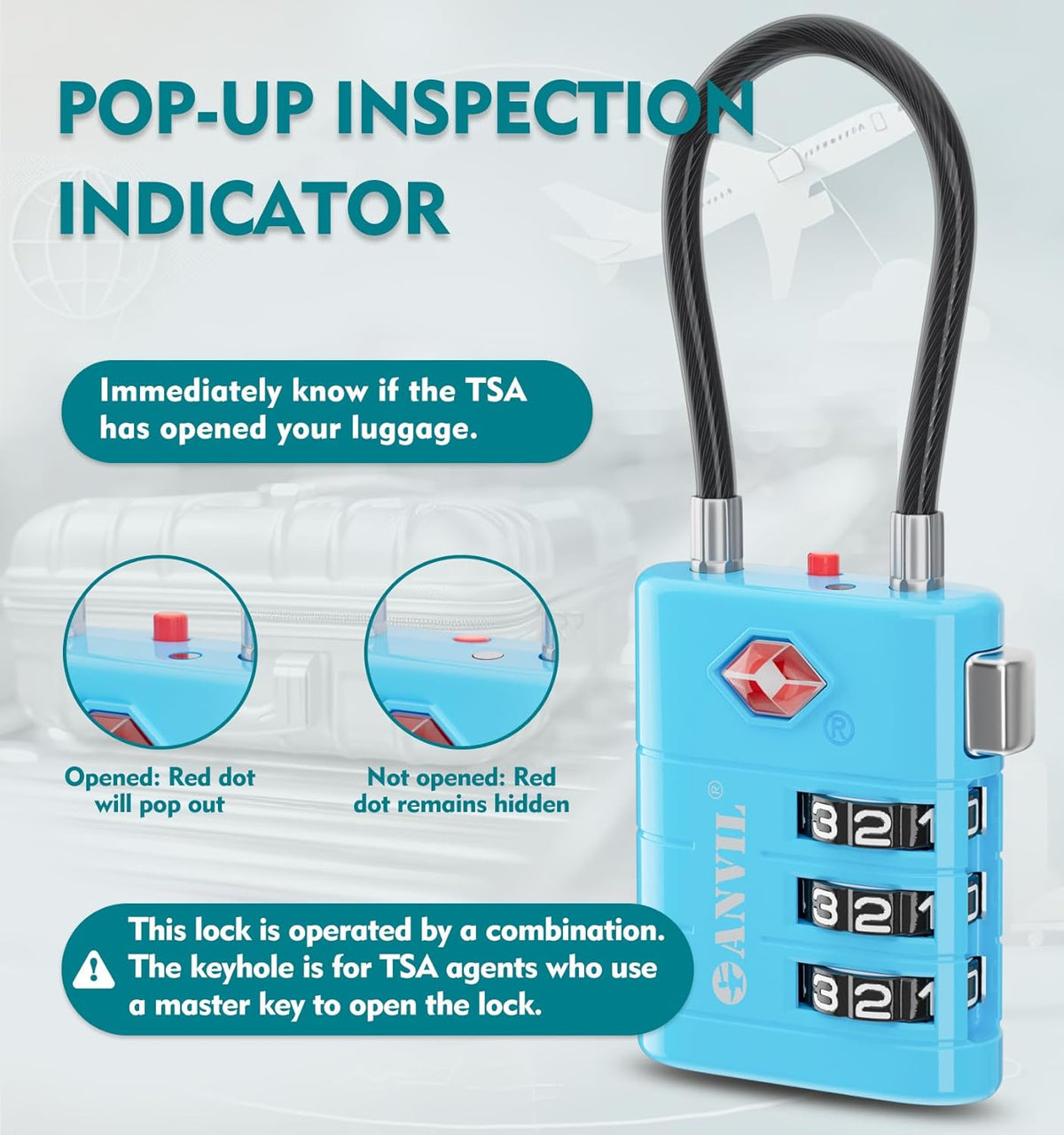 ANVIL TSA Approved Luggage Locks – High Security TSA008 Combination Travel Locks with Inspection Indicator for Suitcases and Backpacks. (3, 3 Colors)