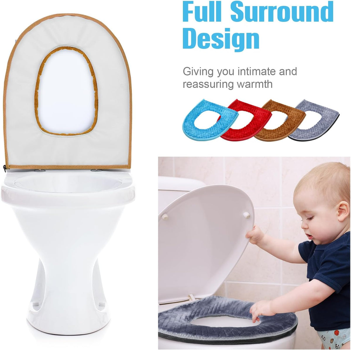 Riakrum 4 Pcs Toilet Seat Covers Pads for Bathroom Comfortable Toilet Seat Cushion Cover Soft Thicker Warmer Washable Pad with Zipper Home Reusable(Elegant,Blue, Gray, Brown, Red)
