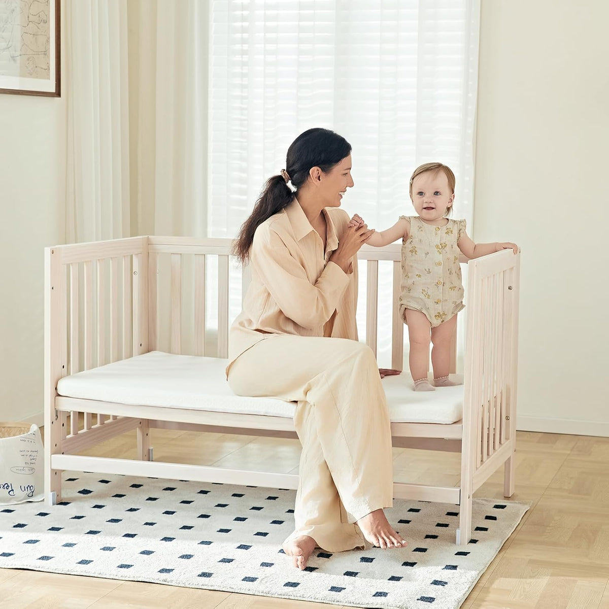 EvoNest Baby Crib, 6 in 1 Convertible Mini Crib with Wheels, 100% New Zealand Wood Growing Bed, 4 Adjustable Mattress Height， Washed Natural