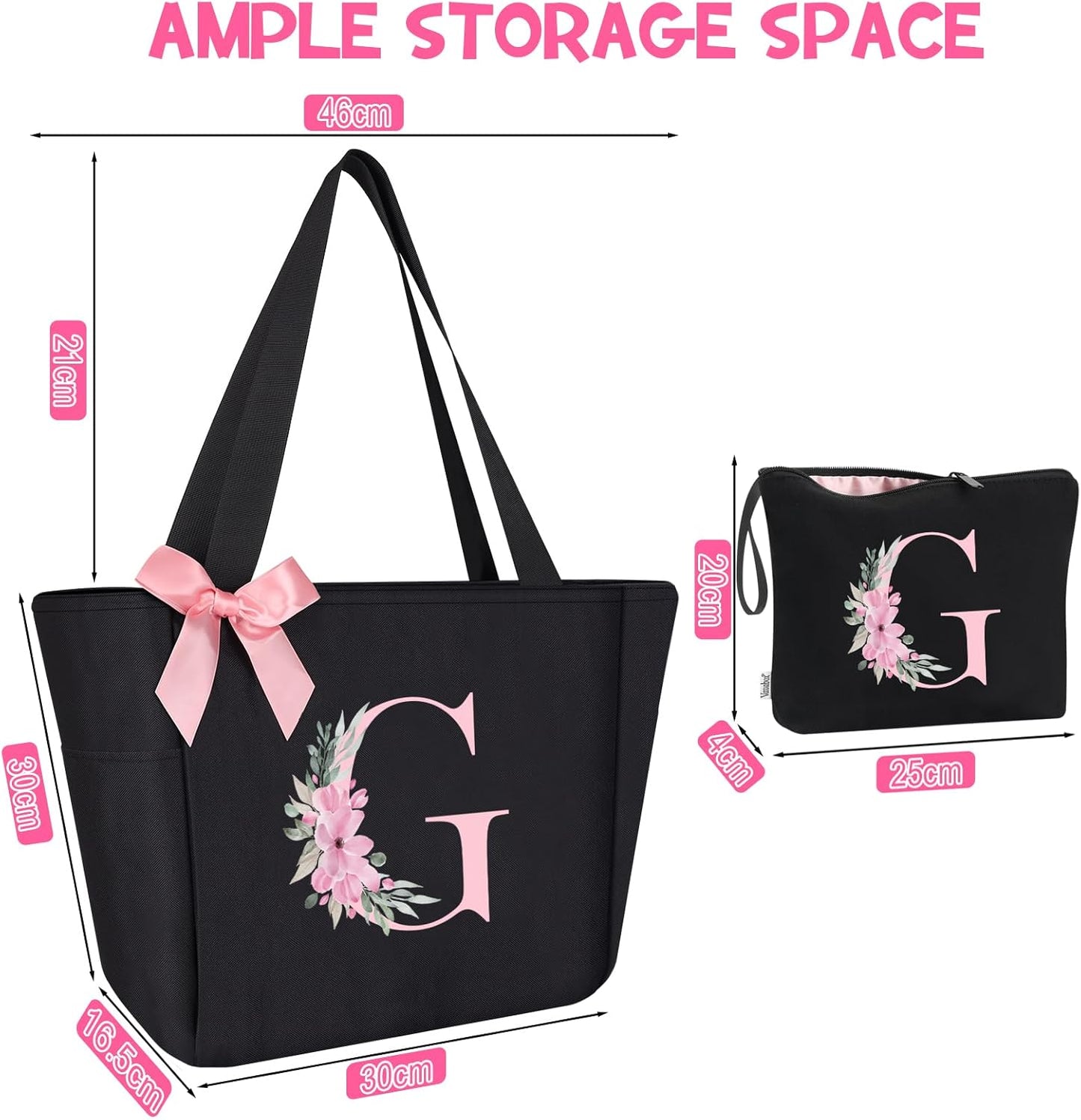 Vavabox Tote Bag, A-Z Initial Monogrammed Waterproof Tote Bag, Bridesmaid Gifts for Women, Black and Pink