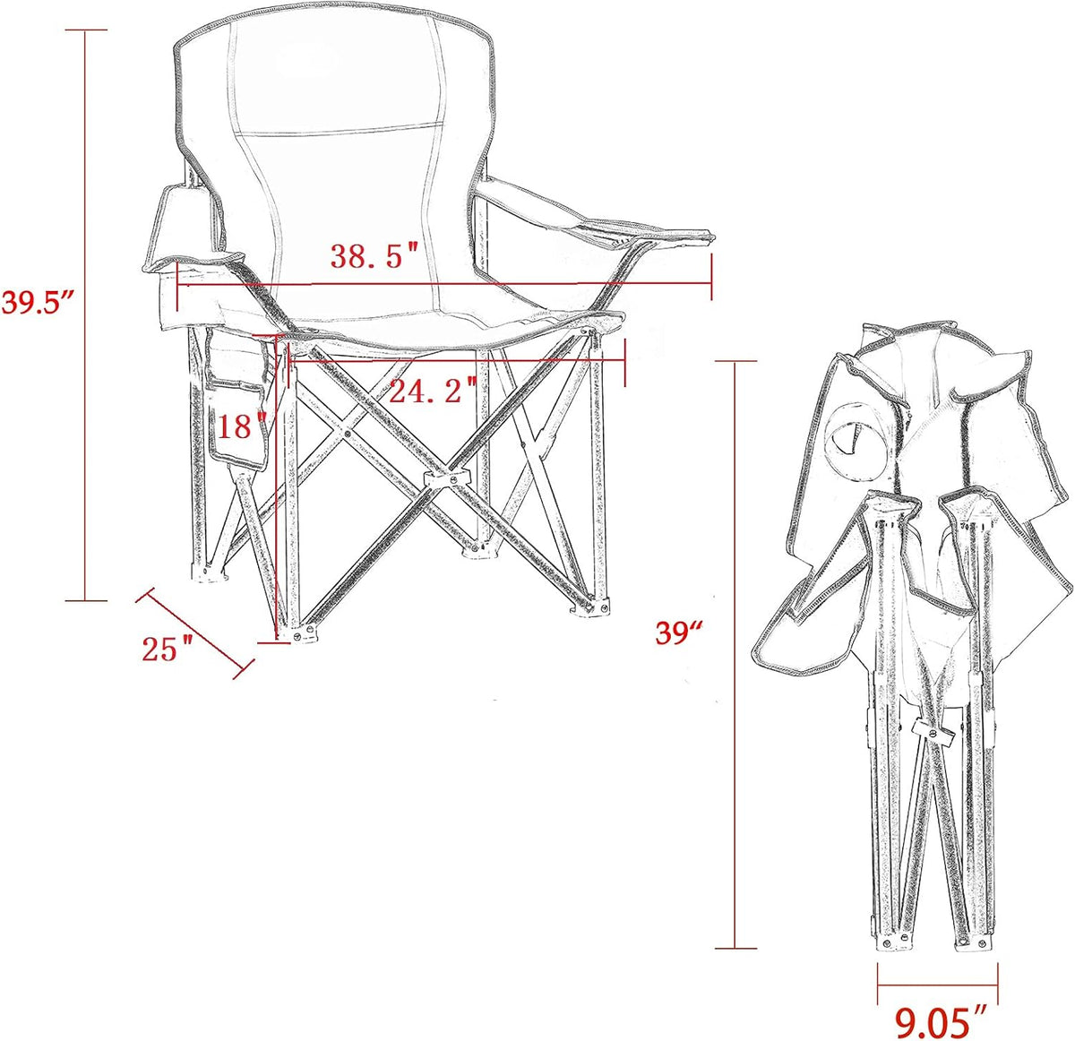 Padded Camping Chairs for Adults, Oversized Folding Outdoor Chairs Red Color, Weight Capacity 475lbs, with Cooler Bag, Cup Holder, Storage Pocket, Carry Bag
