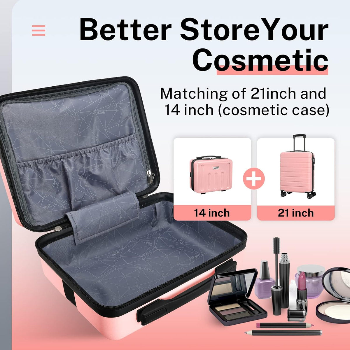 AnyZip 21" Carry On Luggage and 14" Mini Cosmetic Cases Luggage Set Hardside PC ABS Lightweight USB Suitcase with Wheels TSA for kids (2-Piece Set (14/21),Pink)
