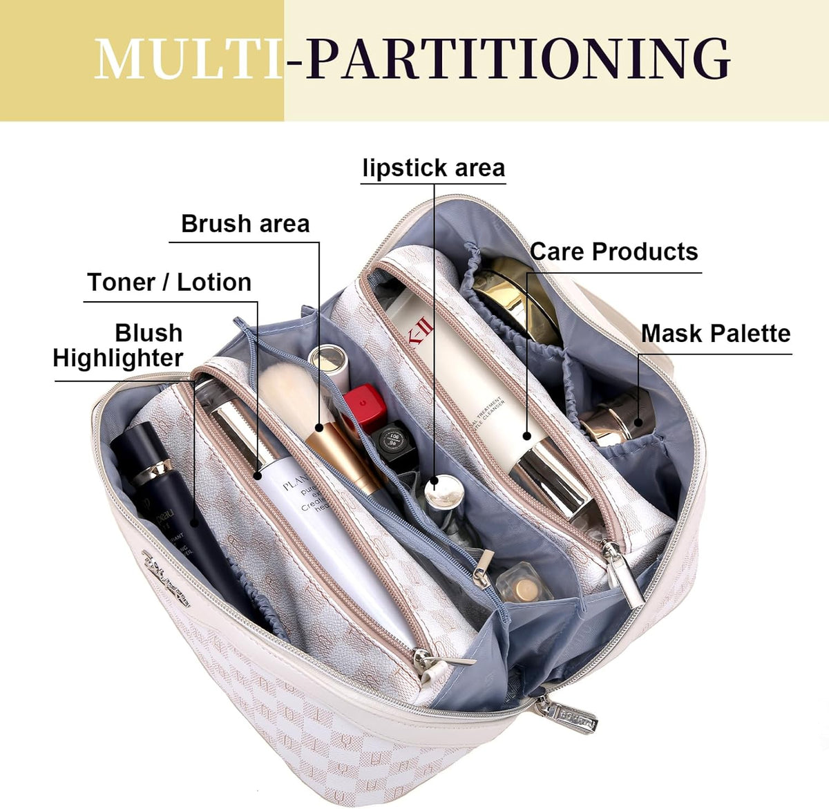 BOYATU Travel Makeup Bag Cosmetic Bags for Women: 3 Pcs Set Portable Make up Bag with Handle - Vegan Leather Toiletry Bags with Compartments - Makeup Organizer for Travel Essentials(02-White)