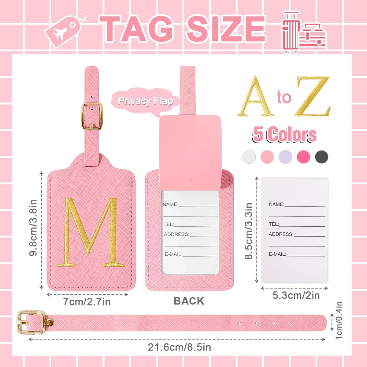 Personalized Initial Luggage Tags for Suitcase, Pink Leather Cute Luggage Tags with Privacy Cover Name Card, Embroidered Custom Monogrammed Luggage Tag Travel Bag Baggage Tags Gifts for Women Kids(M)