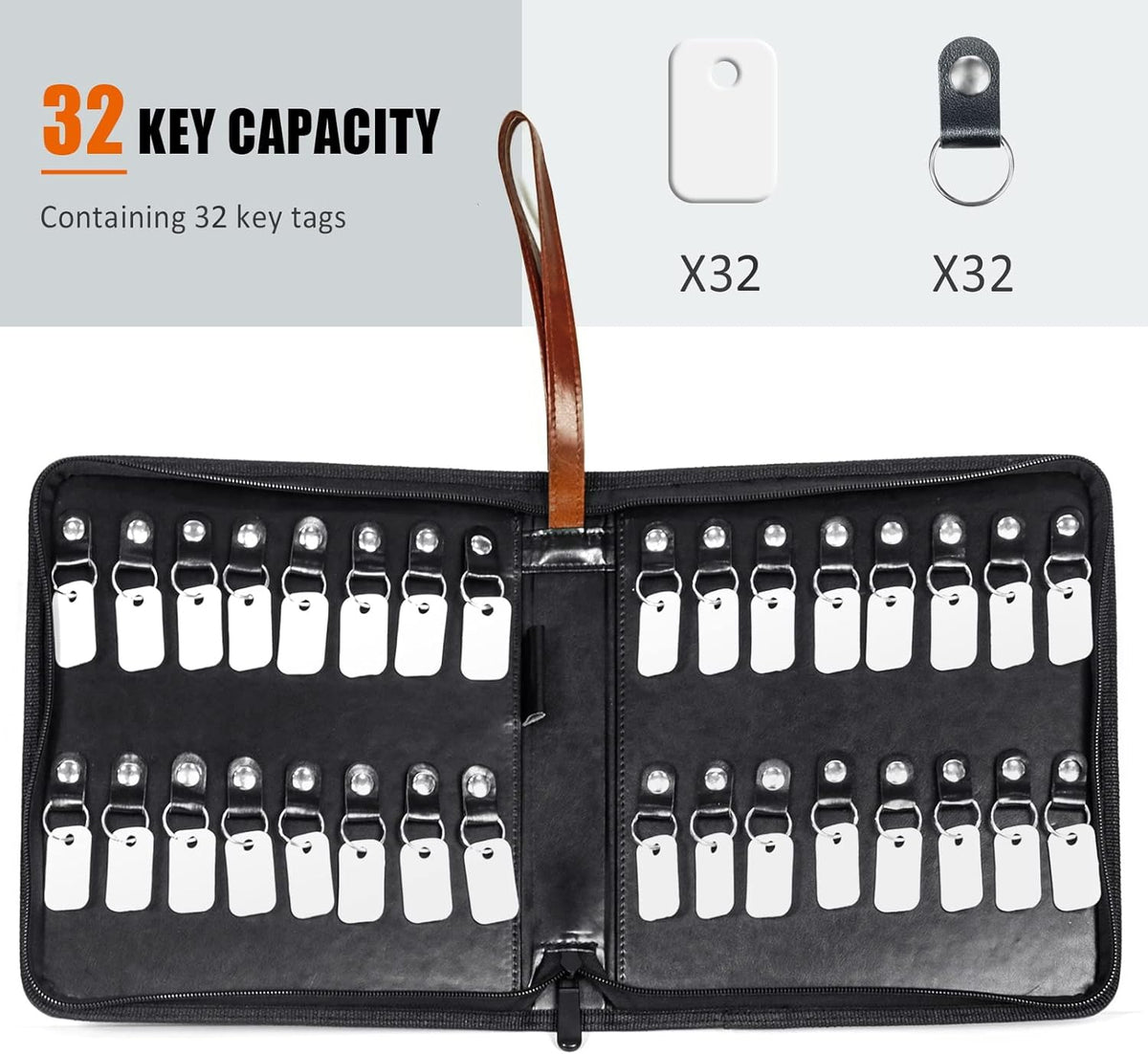 Portable Zippered Key Case, Leather Key Organizer with Handle, 32 Key Capacity, for Real Estate Sales, Hotel Executives, Car Service (Black)