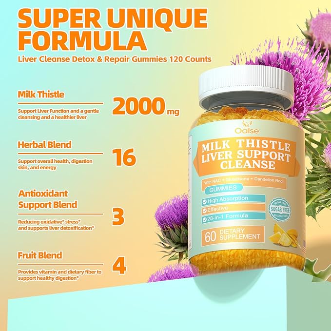 OALSE（2 Pack 2000 Mg Milk Thistle Gummies - Mango Pineapple - with NAC, Glutathione, Dandelion Root, etc - Gentle Detox* & Cleanse*, Gluten-Free, 120 Counts