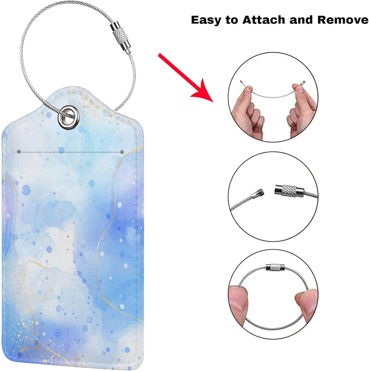 Light Blue Luggage Tags for Suitcases, 2 Pieces PU Leather Bag Tags with Full Back Privacy Cover Name ID Card Stainless Steel Loop, Blue and Gold Marble Baggage Tags for Women Girls Men Boys Travel