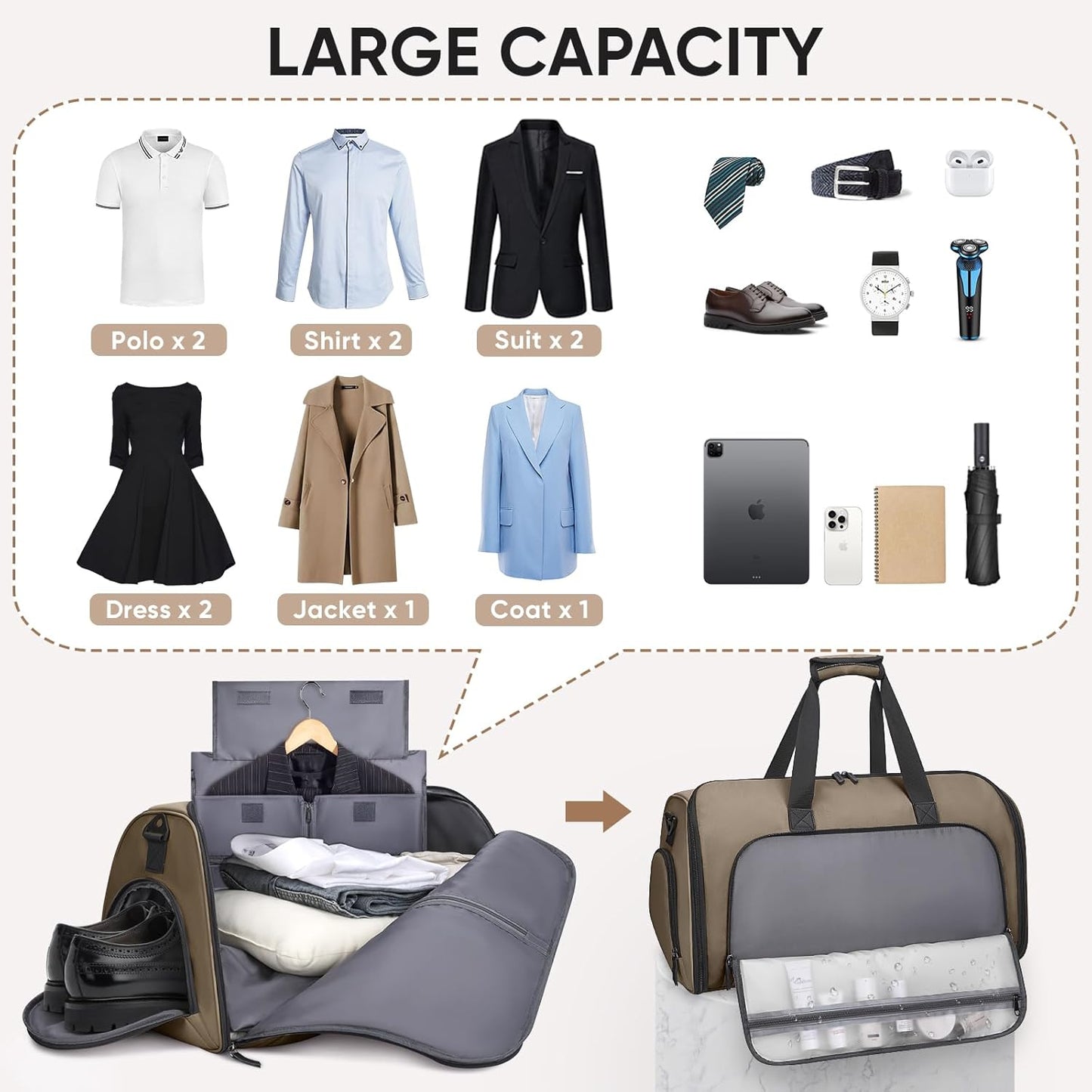 BALEINE Convertible Garment Bag with Shoe Compartment, 2 in 1 Carry on Garment Duffle Bags for Travel, Suit Bag for Men Women (Brown)