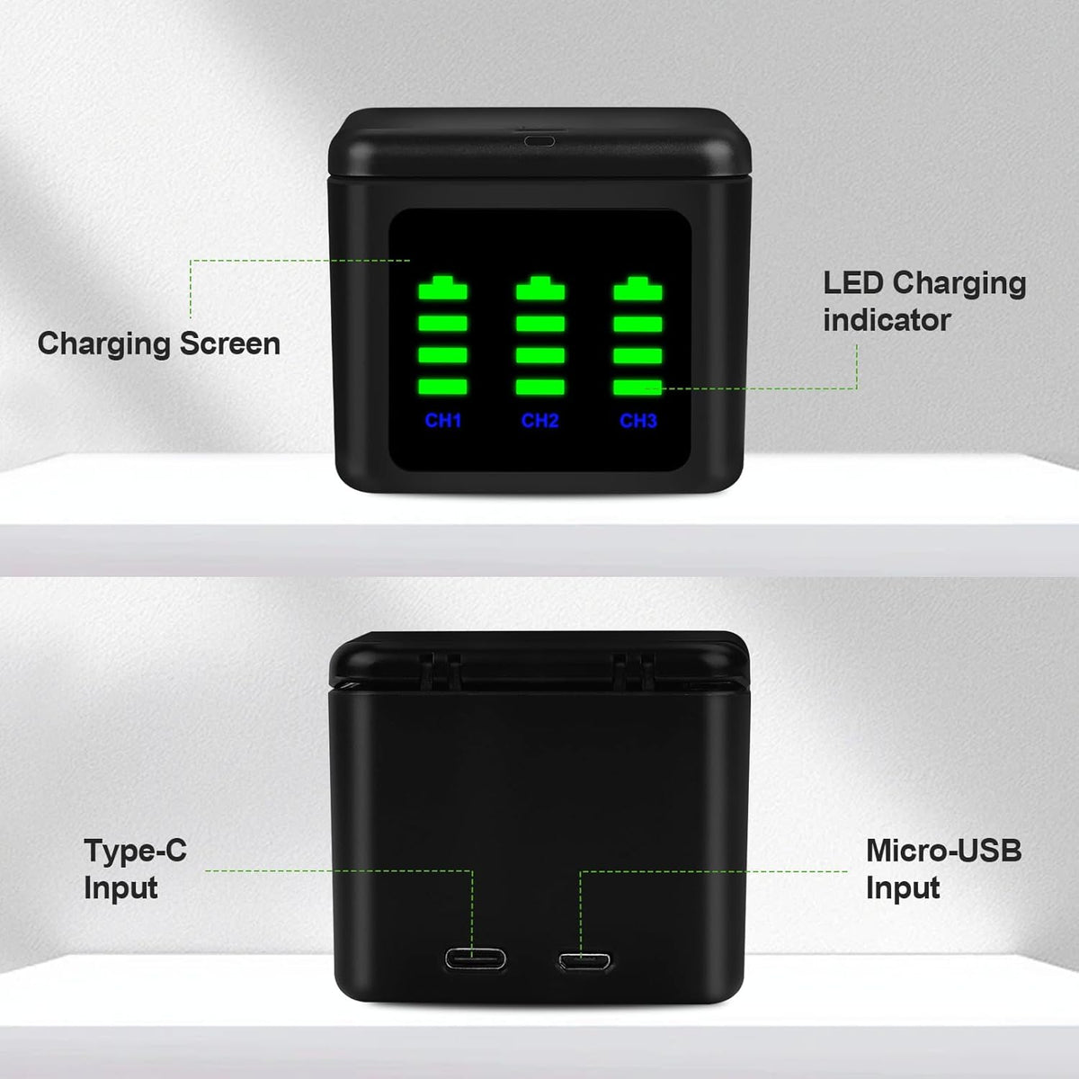 Battery Charger Kits for GoPro Hero 12 11 10 9 Black, 3-Pack 2000mAh Replacement Batteries + Triple Charge Case with Type-C Charging Cord for Go Pro 12 11 10 9 Official Batteries Accessories