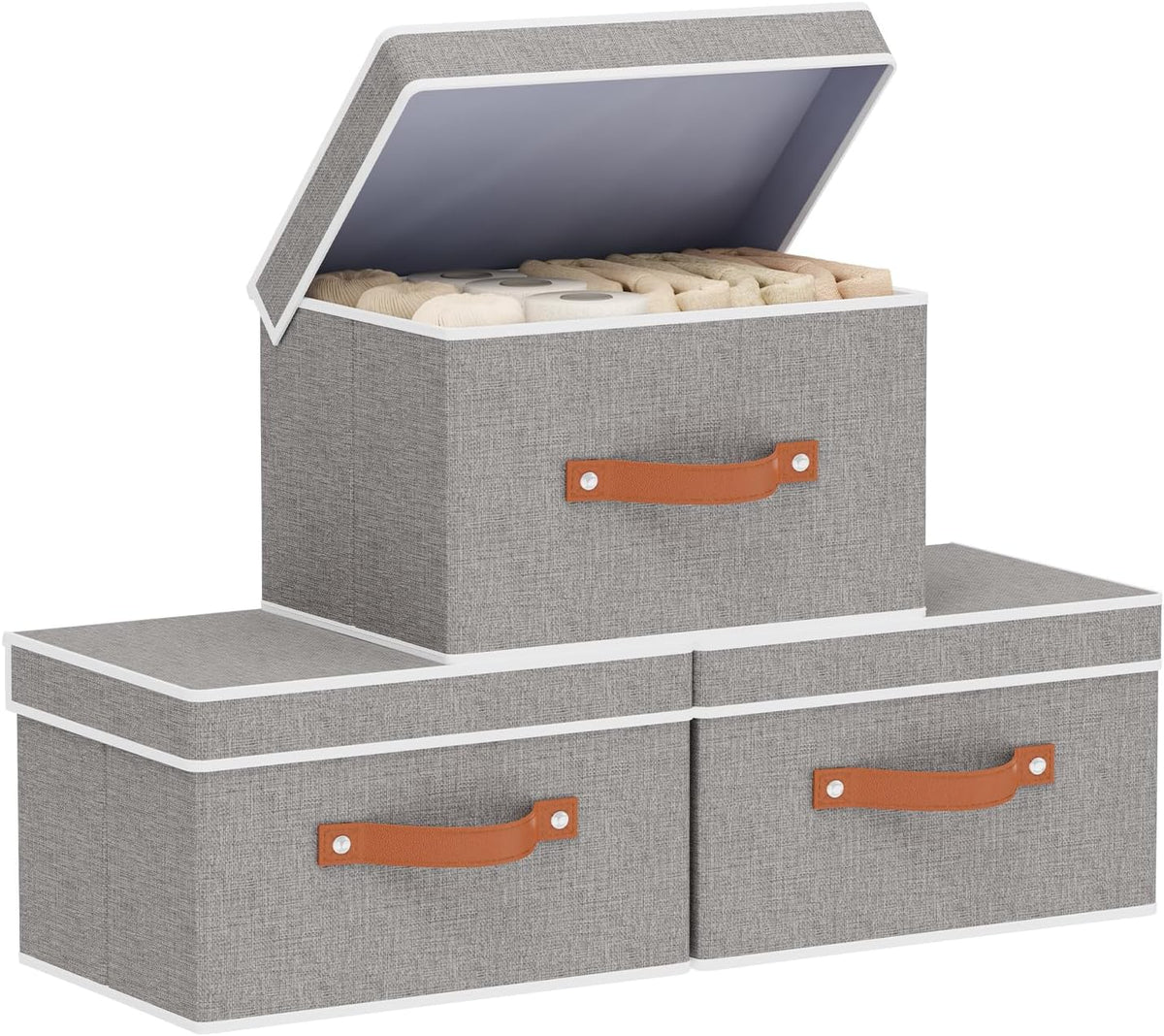 Fabric Storage Bins with Lids, Linen Foldable Clothes Boxes, Closet Organizer Containers with Double Handles, Baskets for Bedroom, Grey, 3 Pack, 13 x 9.1 x 7.9 Inch