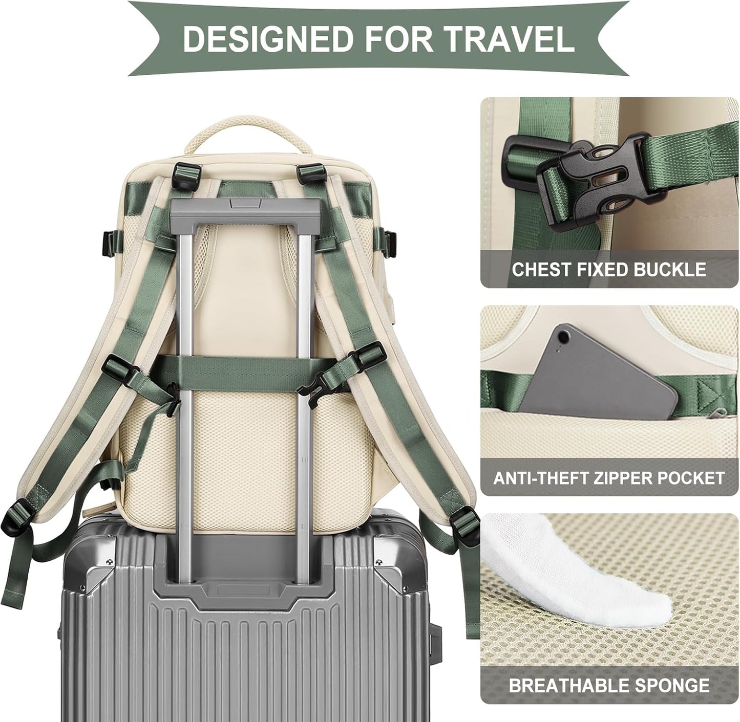 coowoz Large Travel Backpack for Women Men,Carry On Backpack Flight Approved,Hiking Backpack Outdoor Rucksack Casual Daypack Fit 15.6 Inch Laptop Shoes Compartment White Green L