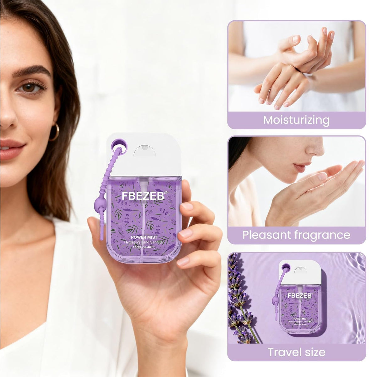Power Mist Hydrating Hand Sanitizer with Cute Keychain, Portable Power Mist Hydrating Spray for Hand, Mini Pocket Sprayer Mist for Women Teen Girl Gift (Lavender)