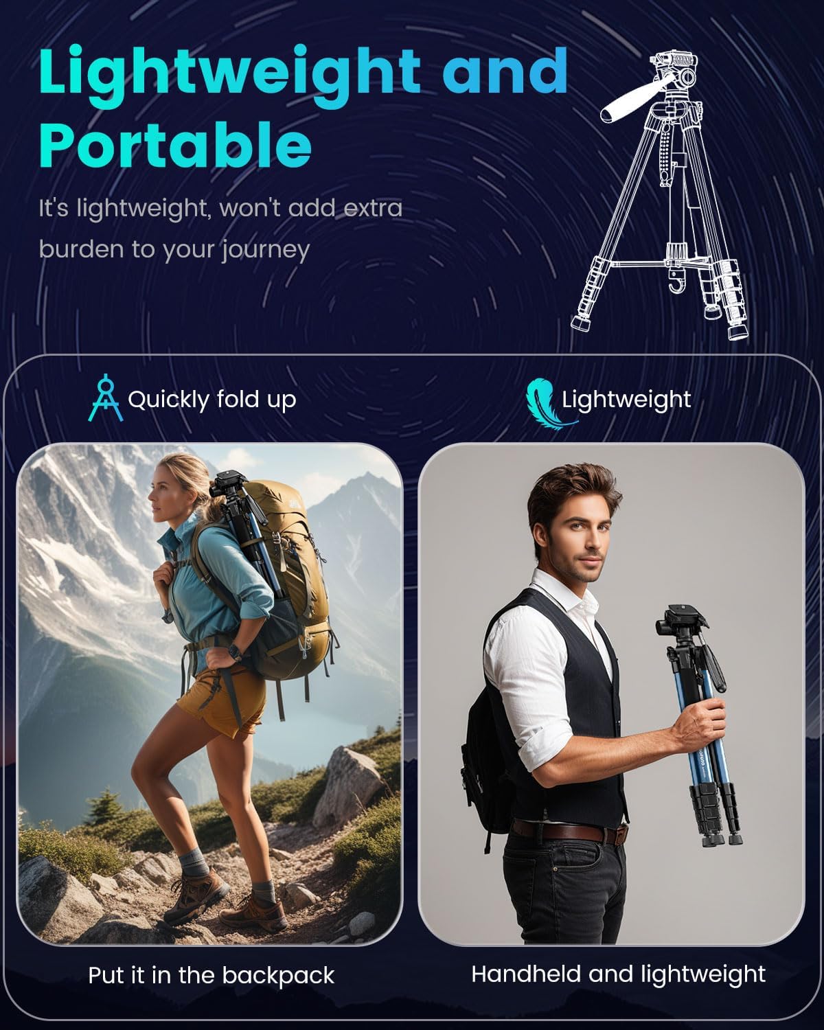 74"-Camera-Tripod, Navy Blue Professional Aluminum Heavy Duty Tripod Stand for Mirrorless Camera/DSLR/Cell Phone/Camcorder, with Holder and Travel Bag
