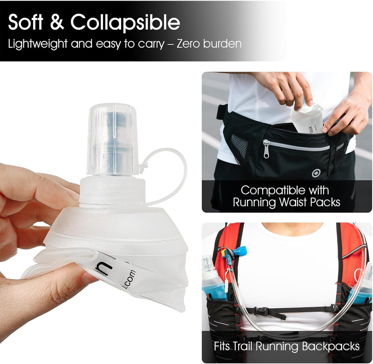GYGYL Soft Flask, TPU Collapsible Soft Water Bottle for Hydration Pack, Running Vest, Leak-Proof Folding Water Bottle for Hiking Cycling Climbing Jogging-250ml White, 2pcs