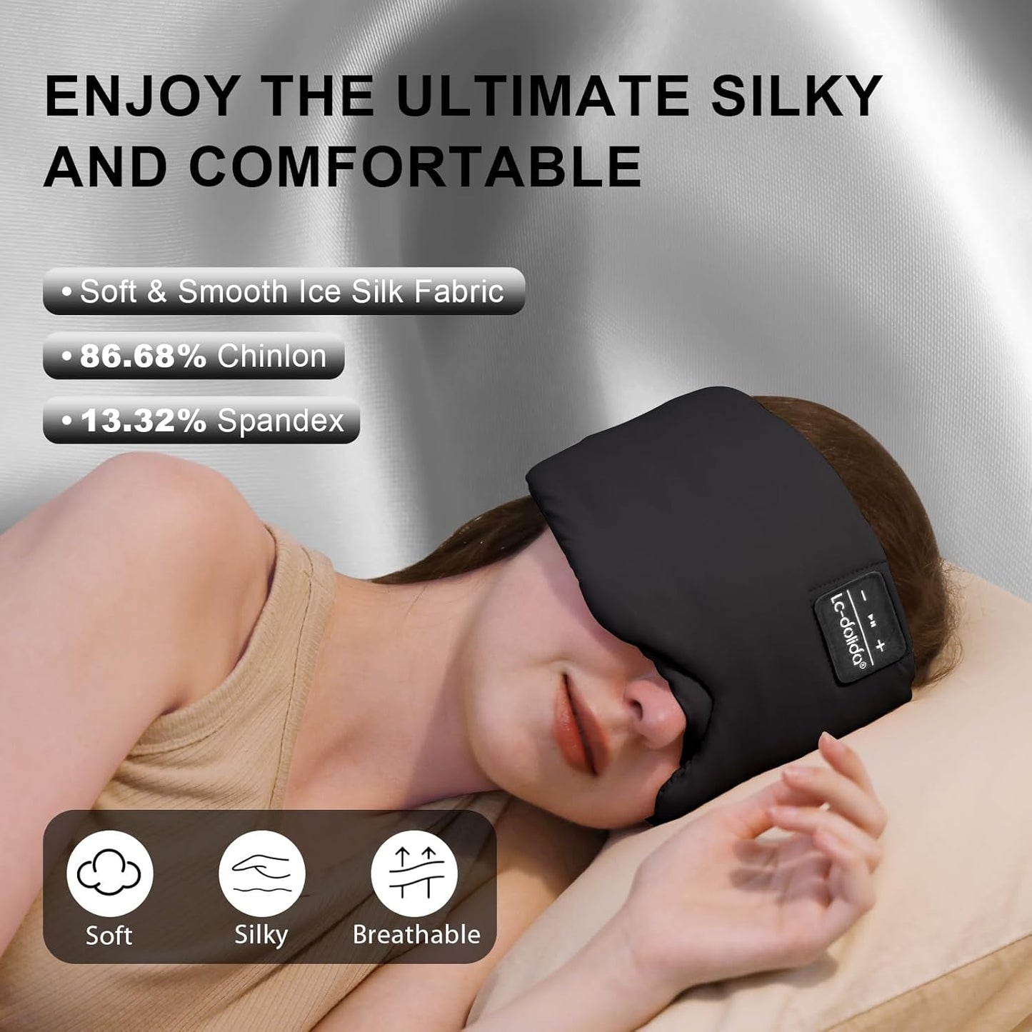 LC-dolida Sleep Mask with Bluetooth Headphones, Ice Silk Sleep Headphones with Bluetooth 5.4, Total Blackout Eye Mask for Sleeping, Soft Sleep Mask for Women Men, All Night Sleep, Travel(Black)